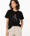 Kadın Kore Parmak Kalp Aşk Temalı Minimal Baskılı Tişört Yazlık Kısa Kol T-Shirt - Siyah