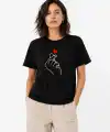Kadın Kore Parmak Kalp Aşk Temalı Minimal Baskılı Tişört Yazlık Kısa Kol T-Shirt - Siyah