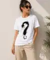 Kadın Kuğu Figürlü Soru İşareti Baskılı Tişört Kısa Kol T-Shirt - Beyaz