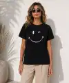 Kadın Minimal Gülümseyen Yüz Baskılı Tişört Kısa Kol Yazlık T-Shirt - Siyah