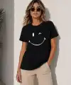 Kadın Minimal Gülümseyen Yüz Baskılı Tişört Kısa Kol Yazlık T-Shirt - Siyah