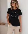 Kadın Minimal Gülümseyen Yüz Baskılı Tişört Kısa Kol Yazlık T-Shirt - Siyah