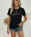 Kadın Minimal Kalp İşaret Baskılı Tişört Kısa Kol Yazlık T-Shirt - Siyah