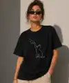 Kadın Minimal Kedi Çizim Baskılı Tişört Kısa Kol Yazlık T-Shirt - Siyah