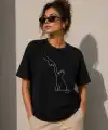 Kadın Minimal Kedi Çizim Baskılı Tişört Kısa Kol Yazlık T-Shirt - Siyah
