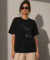 Kadın Minimal Kedi Çizim Baskılı Tişört Kısa Kol Yazlık T-Shirt - Siyah