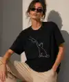 Kadın Minimal Kedi Çizim Baskılı Tişört Kısa Kol Yazlık T-Shirt - Siyah