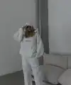 Kadın Nakış İşlemeli 3 İplik Pamuklu Sweat Alt-Üst Takım- Beyaz