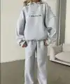 Kadın Nakış İşlemeli 3 İplik Pamuklu Sweat Alt-Üst Takım- Gri