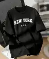 kadın New York Baskılı Tişört Kısa Kol Bisiklet Yaka T-shirt - Siyah