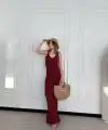 Kadın Örgülü Uzun Triko Elbise - Bordo