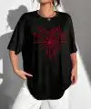 Kadın Örümcek Ağ Baskılı T-Shirt Kısa Kol Bisiklet Yaka Oversize Tişört - Siyah