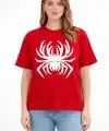 Kadın Örümcek Baskılı Tişört Kısa Kollu Bisiklet Yaka T-Shirt - Kırmızı