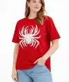 Kadın Örümcek Baskılı Tişört Kısa Kollu Bisiklet Yaka T-Shirt - Kırmızı