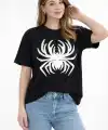 Kadın Örümcek Baskılı Tişört Kısa Kollu Bisiklet Yaka T-Shirt - Siyah