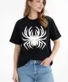 Kadın Örümcek Baskılı Tişört Kısa Kollu Bisiklet Yaka T-Shirt - Siyah