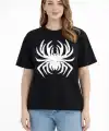 Kadın Örümcek Baskılı Tişört Kısa Kollu Bisiklet Yaka T-Shirt - Siyah