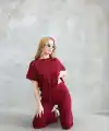 Kadın Osy Modal Yumuşak dokulu Bisiklet Yaka Kısa Kollu Alt-Üst Takım - Bordo