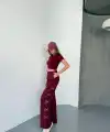 Kadın Osy Modal Yumuşak Dokulu Kumaş Nakış işlemeli Rahat Bol Paça Eşofman Pantolon - Bordo