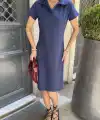 Kadın Osy Modal Yumuşak Dokulu Yakalı Kısa Kollu Elbise - Mavi