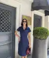 Kadın Osy Modal Yumuşak Dokulu Yakalı Kısa Kollu Elbise - Mavi
