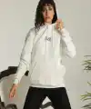 Kadın Oversize Kapüşonlu Cepli Baskılı 3 İplik Pamuklu Hoodie Sweatshirt - Beyaz