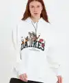 Kadın Oversize Kapüşonlu Cepli Baskılı 3 İplik Pamuklu Hoodie Sweatshirt - Beyaz