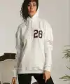 Kadın Oversize Kapüşonlu Cepli Baskılı 3 İplik Pamuklu Hoodie Sweatshirt - Beyaz
