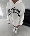 Kadın Oversize Kapüşonlu Cepli Baskılı 3 İplik Pamuklu Hoodie Sweatshirt - Beyaz