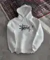 Kadın Oversize Kapüşonlu Cepli Baskılı 3 İplik Pamuklu Hoodie Sweatshirt - Beyaz