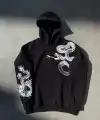 Kadın Oversize Kapüşonlu Cepli Baskılı 3 İplik Pamuklu Hoodie Sweatshirt - Siyah