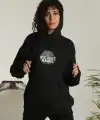 Kadın Oversize Kapüşonlu Cepli Baskılı 3 İplik Pamuklu Hoodie Sweatshirt - Siyah