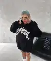 Kadın Oversize Kapüşonlu Cepli Baskılı 3 İplik Pamuklu Hoodie Sweatshirt - Siyah