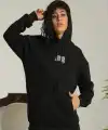 Kadın Oversize Kapüşonlu Cepli Baskılı 3 İplik Pamuklu Hoodie Sweatshirt - Siyah