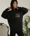 Kadın Oversize Kapüşonlu Cepli Baskılı 3 İplik Pamuklu Hoodie Sweatshirt - Siyah