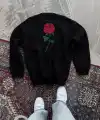 Kadın Oversize Kapüşonlu Cepli GÜL Baskılı 3 İplik Pamuklu Hoodie Sweatshirt - Siyah