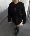 Kadın Oversize Kapüşonlu Cepli GÜL Baskılı 3 İplik Pamuklu Hoodie Sweatshirt - Siyah