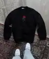 Kadın Oversize Kapüşonlu Cepli GÜL Baskılı 3 İplik Pamuklu Hoodie Sweatshirt - Siyah