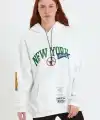Kadın Oversize Kapüşonlu Cepli Ön Kol Baskılı 3 İplik Pamuklu Hoodie Sweatshirt - Beyaz