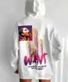 Kadın Oversize Kapüşonlu Cepli WANT Baskılı 3 İplik Pamuklu Hoodie Sweatshirt - Beyaz