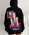 Kadın Oversize Kapüşonlu Cepli WANT Baskılı 3 İplik Pamuklu Hoodie Sweatshirt - Siyah