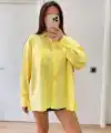 Kadın Oversize Pens Detaylı Cepli Yırtmaçlı Rahat Kalıp Poplin Gömlek - Sarı