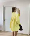 Kadın Oversize Pens Detaylı Cepli Yırtmaçlı Rahat Kalıp Poplin Gömlek - Sarı