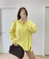 Kadın Oversize Pens Detaylı Cepli Yırtmaçlı Rahat Kalıp Poplin Gömlek - Sarı