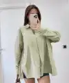 Kadın Oversize Pens Detaylı Cepli Yırtmaçlı Rahat Kalıp Poplin Gömlek - Yeşil