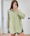 Kadın Oversize Pens Detaylı Cepli Yırtmaçlı Rahat Kalıp Poplin Gömlek - Yeşil