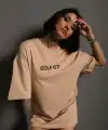 Kadın Oversize Tişört Golf GTI Retro Araba Baskılı T-shirt - Bej