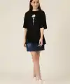 Kadın Papatya Baskılı T-Shirt Kısa Kol Bisiklet Yaka Oversize  Tişört - Siyah