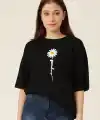 Kadın Papatya Baskılı T-Shirt Kısa Kol Bisiklet Yaka Oversize  Tişört - Siyah