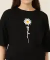 Kadın Papatya Baskılı T-Shirt Kısa Kol Bisiklet Yaka Oversize  Tişört - Siyah